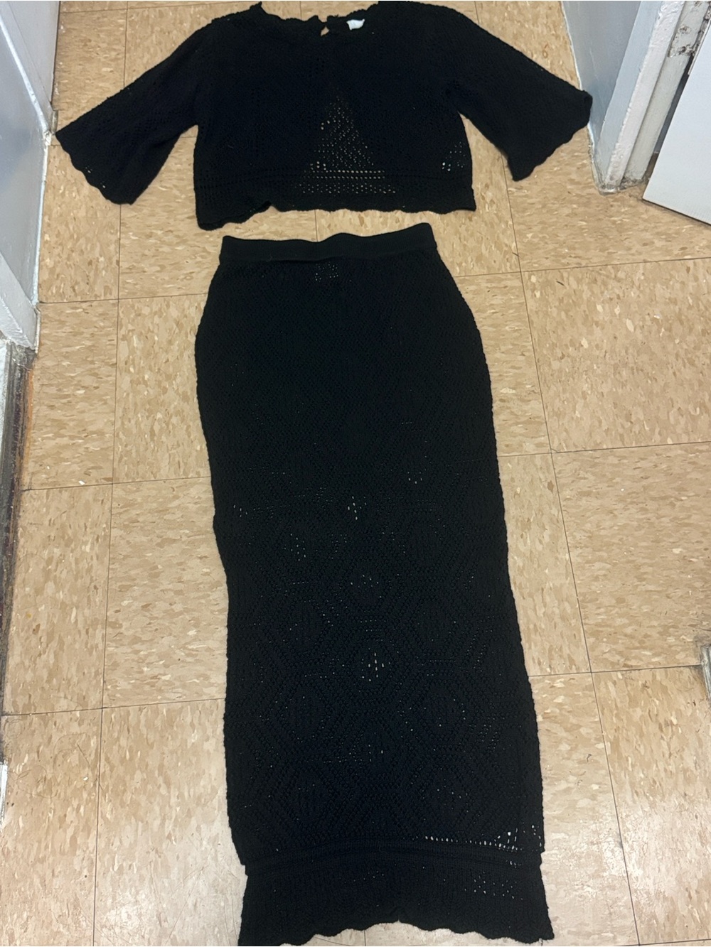 Posse Black Crochet Knit Maxi Skirt Two-Piece Set